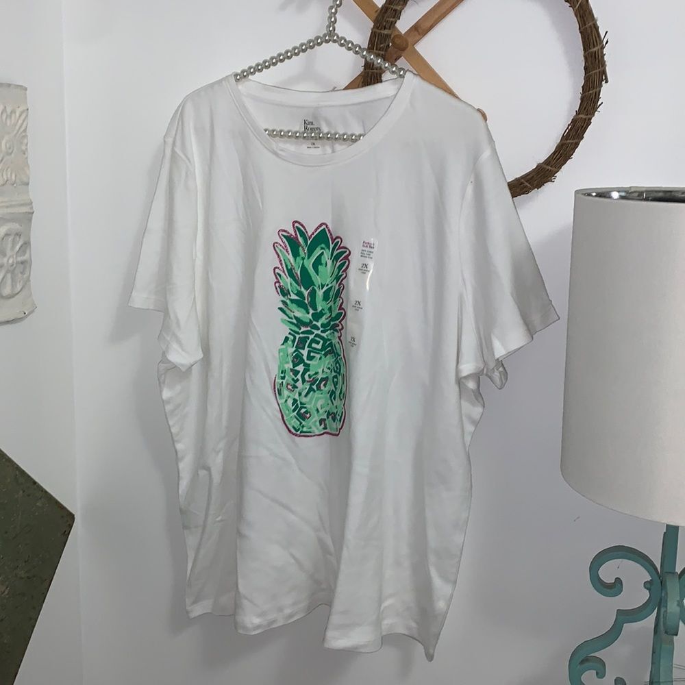 NEW Kim Rogers 2X White Green Pineapple Graphic Short Sleeve T-Shirt Tee Top
